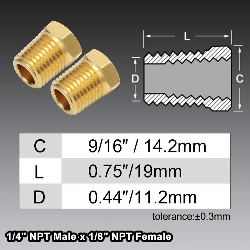 Boeray 1/4 Inch NPT Male Thread to 1/8 Inch NPT Female Thread Brass Pipe Fitting, Reducing Hex Head Hose Bushing Adapter Convert Pack of 2 - Image 2